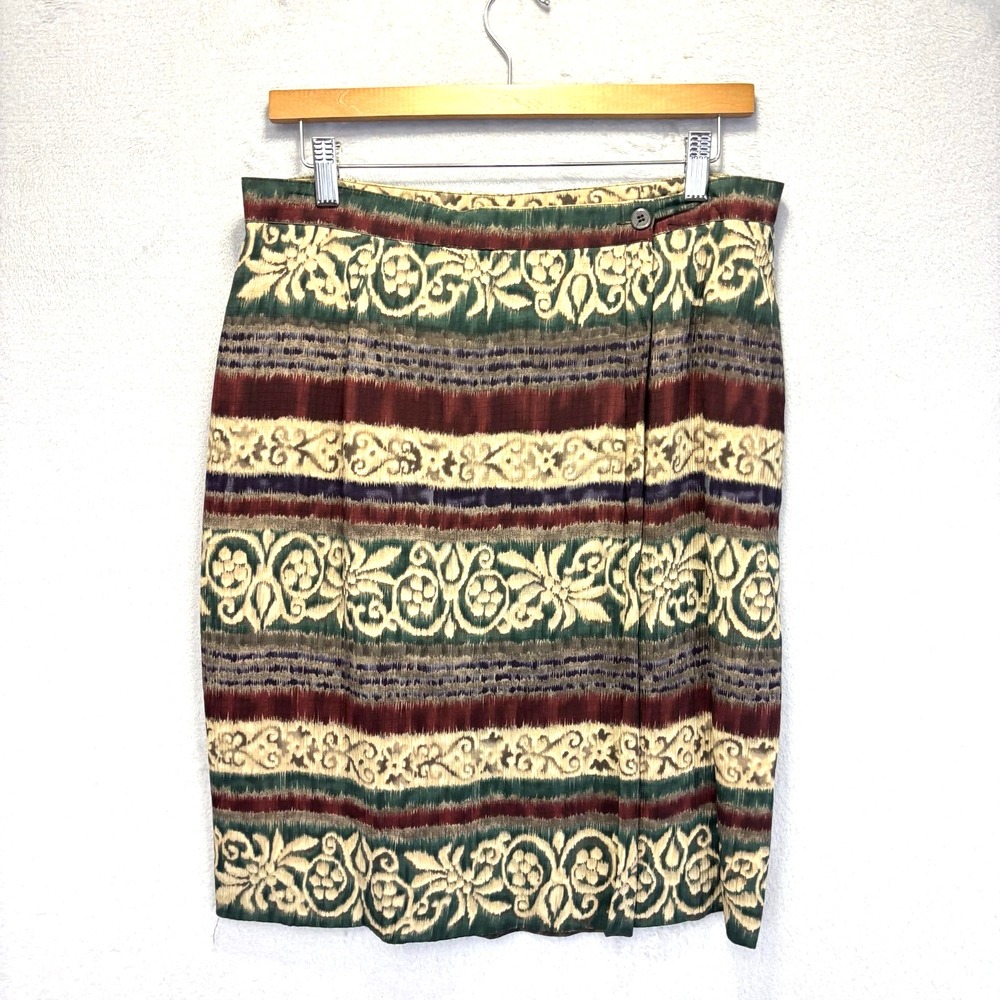 Vintage 100% Silk Faux Wrap Skirt Womens Size 14 Floral Forest Jones New‎ York